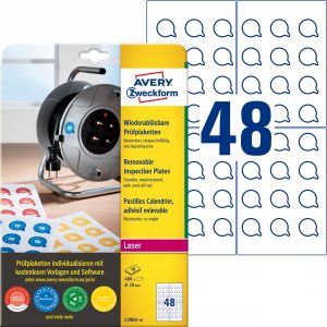 Usuwalne tabliczki inspekcyjne Avery Zweckform, A4, 10 ark./op., 480 et./op.; Ø20mm; białe