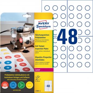 Tabliczki inspekcyjne plomby Avery Zweckform, A4, 10 ark./op., 480 et./op.; Ø20mm; białe