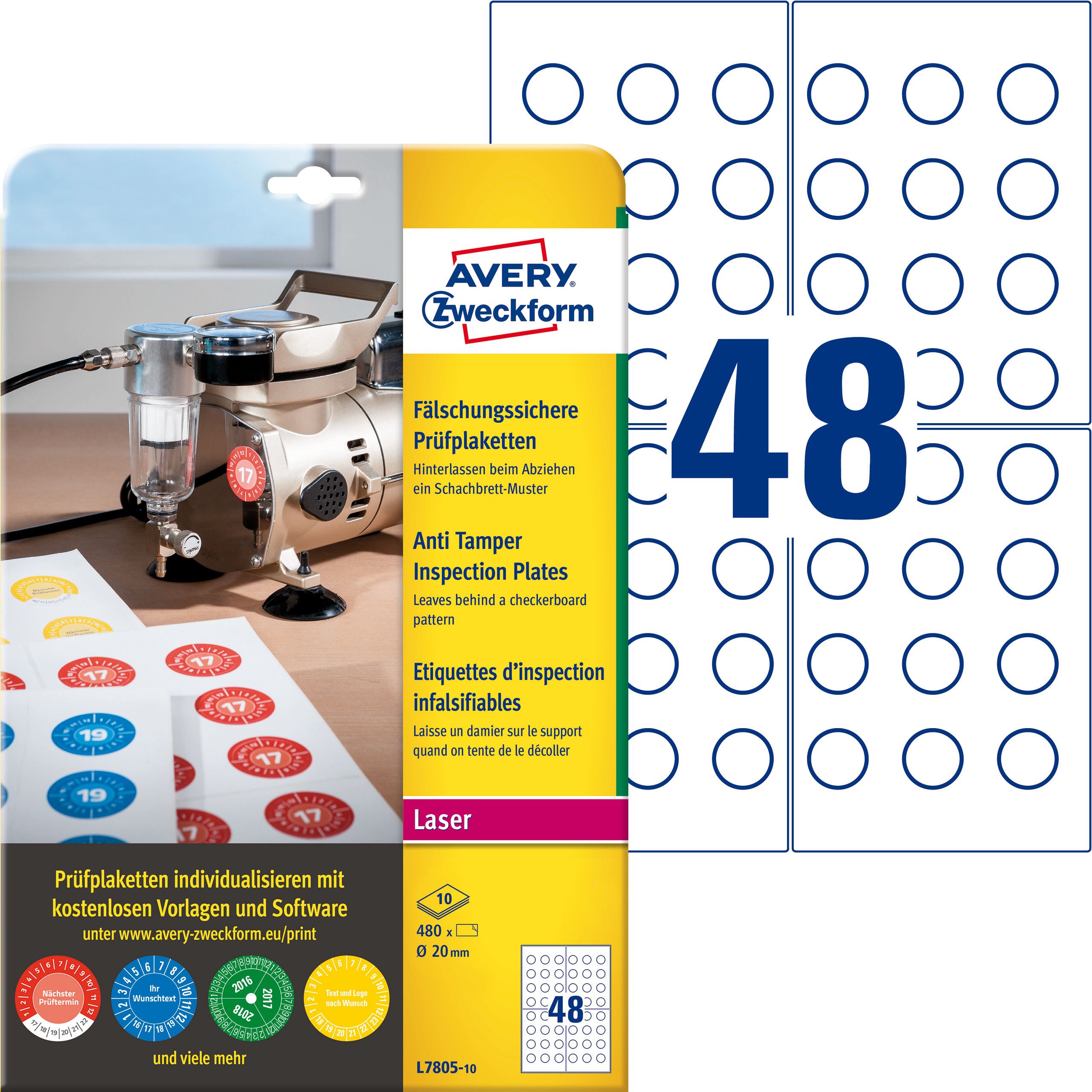 Tabliczki inspekcyjne plomby Avery Zweckform, A4, 10 ark./op., 480 et./op.; Ø20mm; białe