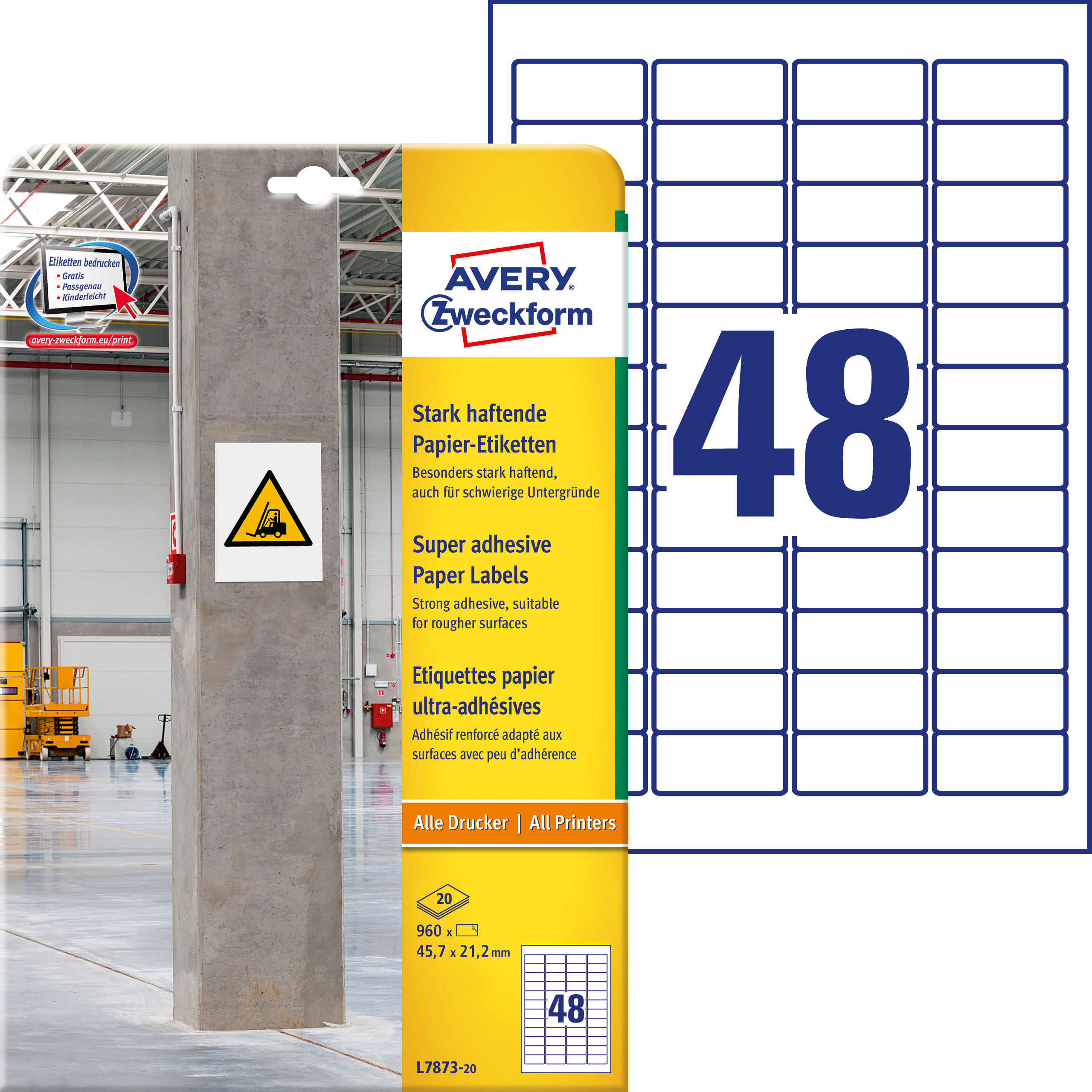 Etykiety papierowe do trudnych powierzchni Avery Zweckform, A4, 20 ark./op., 45,7 x 21,2mm; białe