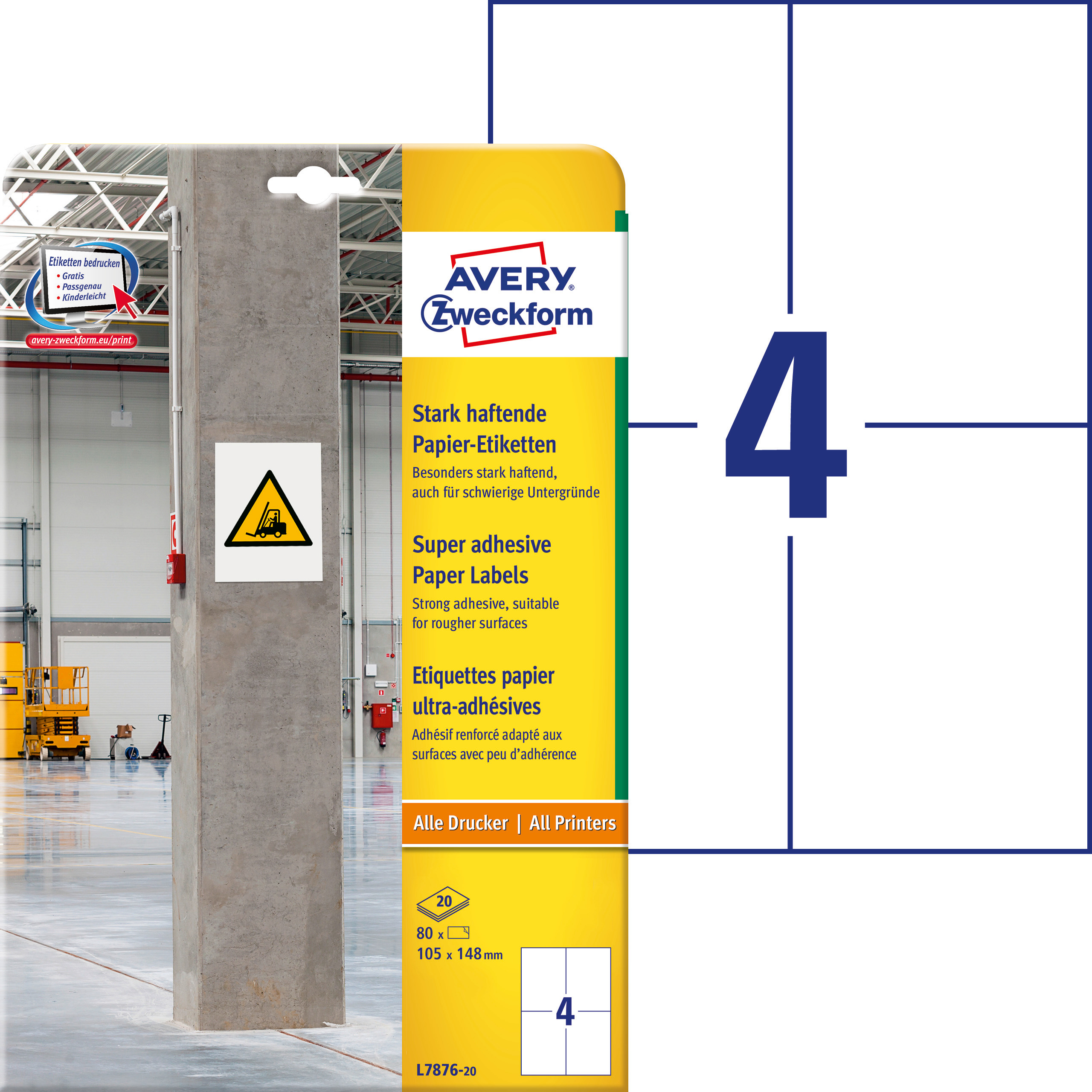 Etykiety papierowe do trudnych powierzchni Avery Zweckform, A4, 20 ark./op., 105 x 148 mm; białe