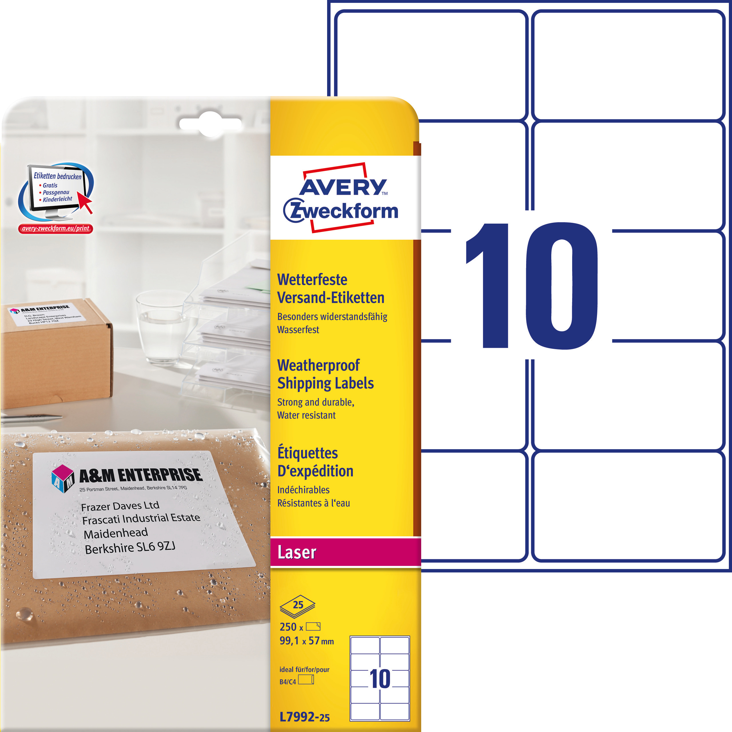 Etykiety wysyłkowe odporne na zmiany pogodowe Avery Zweckform; A4, 25 ark./op., 99,1 x 57 mm, białe