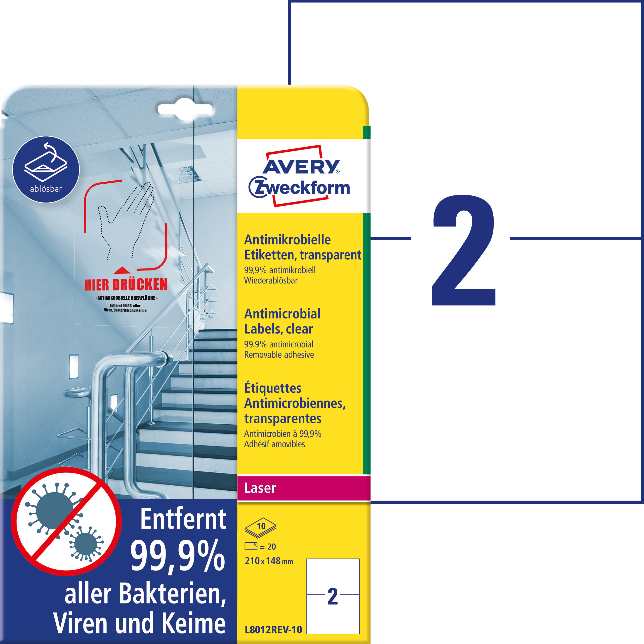 Usuwalna folia samoprzylepna z powierzchnią antydrobnoustrojową Avery Zweckform, A4, 10 ark./op., 210 x 148 mm, przezroczysta