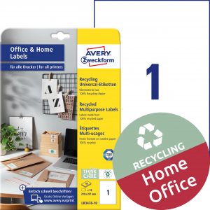 Trwałe recyklingowane etykiety uniwersalne Avery Zweckform, A4, 10 ark./op., 210 x 297 mm, białe