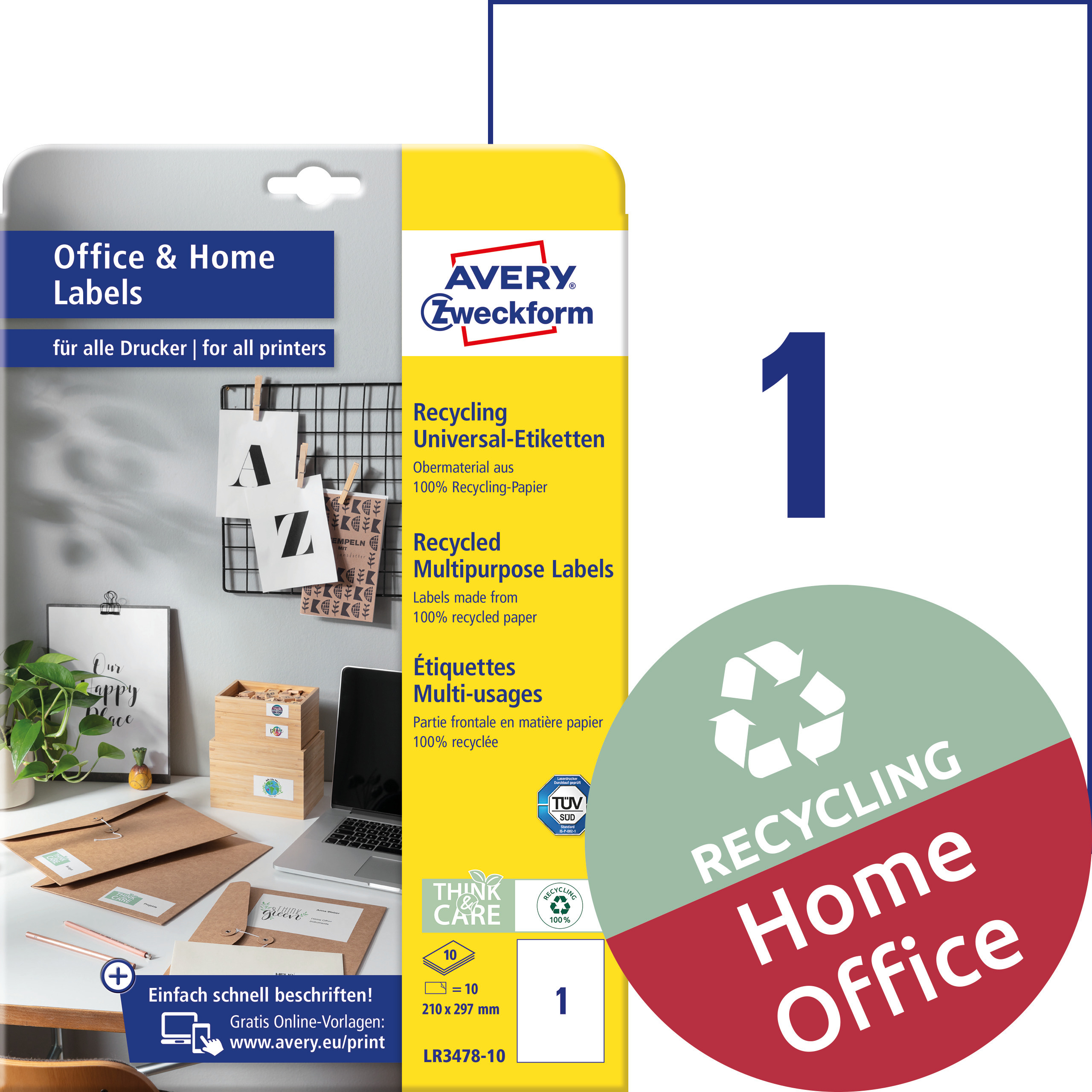 Trwałe recyklingowane etykiety uniwersalne Avery Zweckform, A4, 10 ark./op., 210 x 297 mm, białe