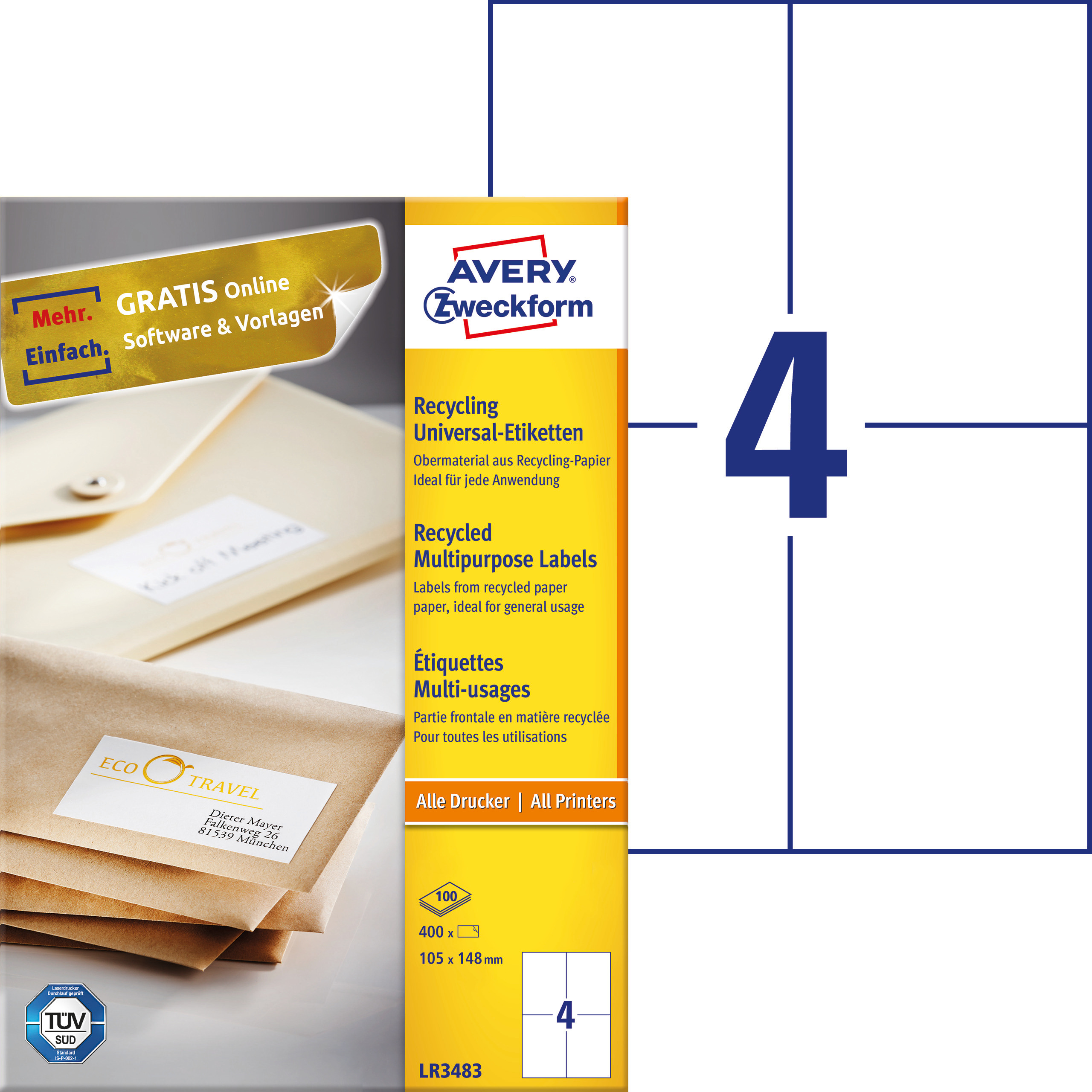 Trwałe recyklingowane etykiety uniwersalne Avery Zweckform; A4, 100 ark./op., 105 x 148 mm, białe