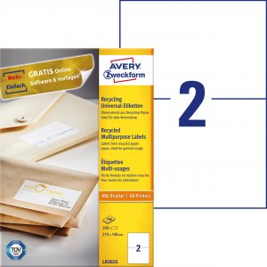 Trwałe recyklingowane etykiety uniwersalne Avery Zweckform; A4, 100 ark./op., 210 x 148 mm, białe
