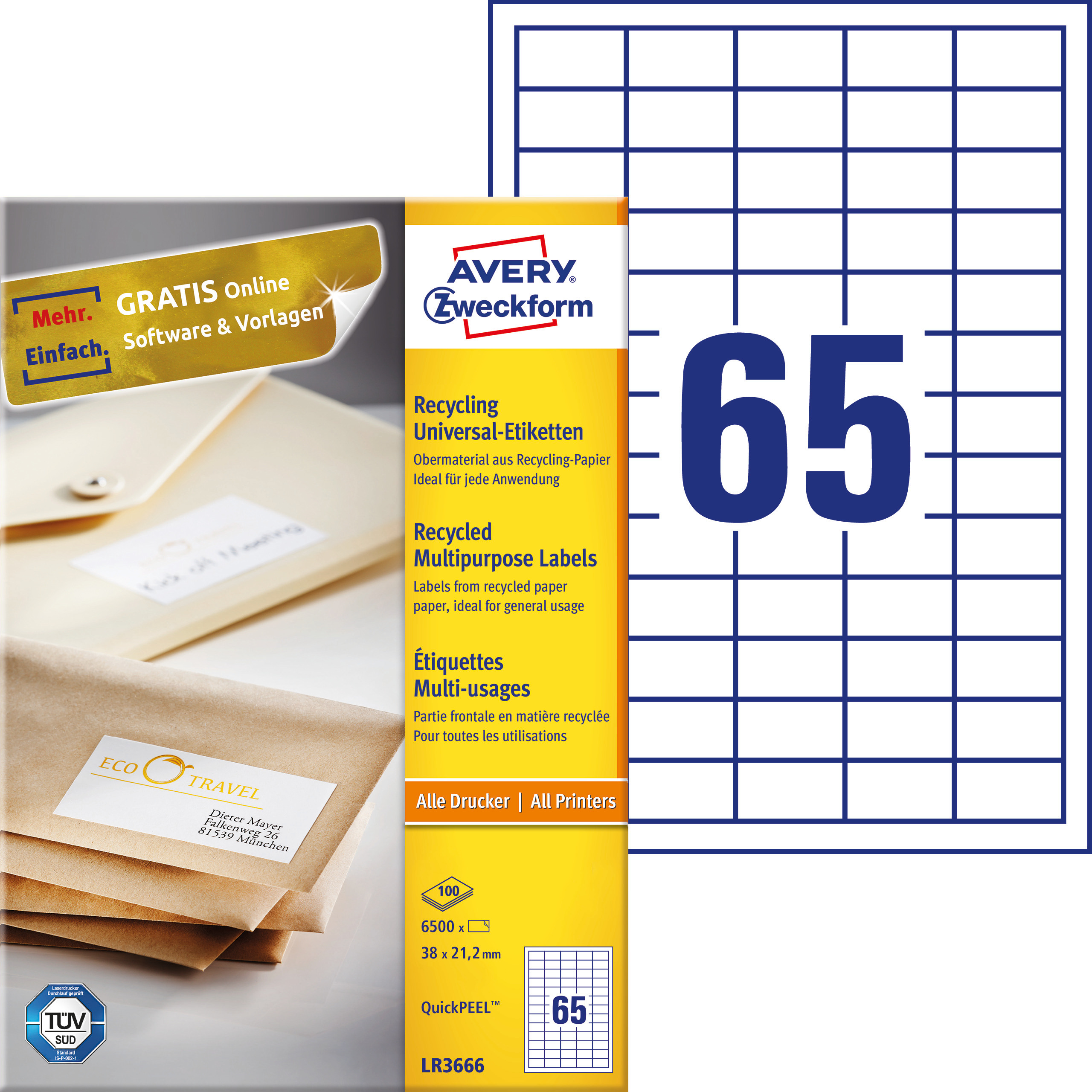 Trwałe recyklingowane etykiety uniwersalne Avery Zweckform; A4, 100 ark./op., 38 x 21,2 mm, białe