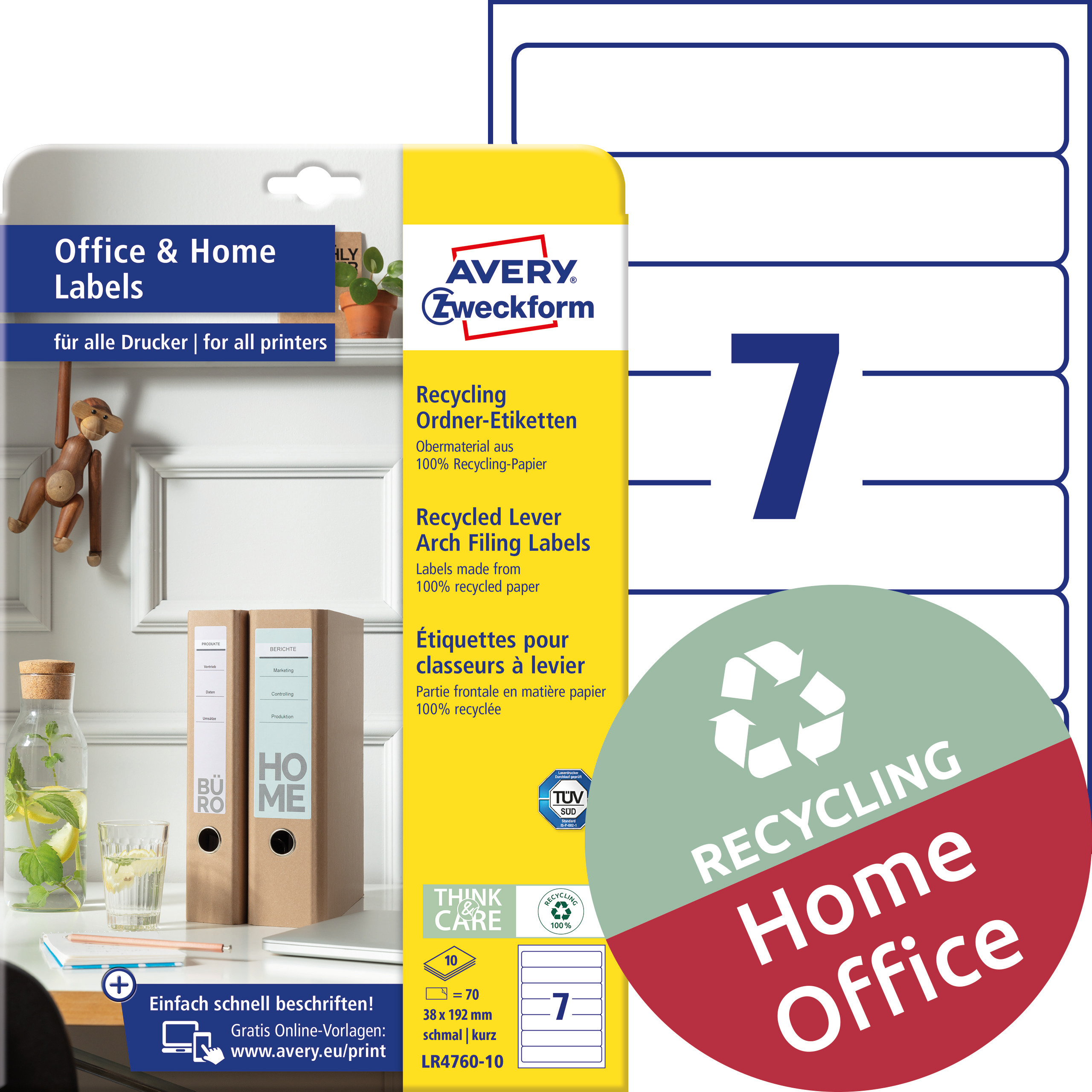 Recyklingowane etykiety na segregatory Avery Zweckform, A4, 10 ark./op., 38 x 192 mm, białe, wąskie