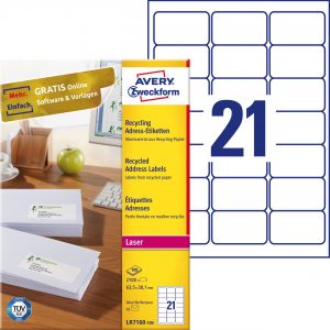 Recyklingowane etykiety adresowe Avery Zweckform; A4, 100 ark./op., 63,5 x 38,1 mm, białe