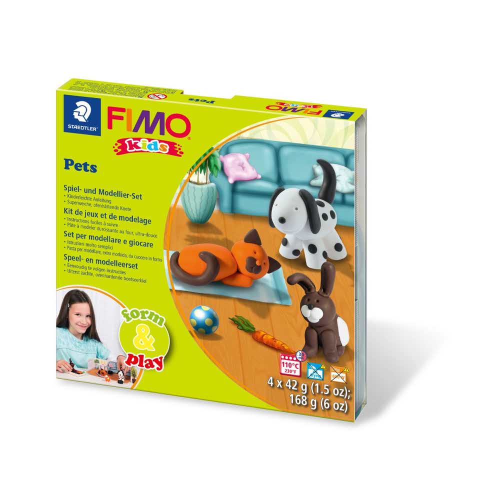 FIMO, Masa plastyczna termoutwardzalna Kids, Form&Play Zwierzaki, 42g, 4 kostki, zestaw z akcesoriami S 8034 02