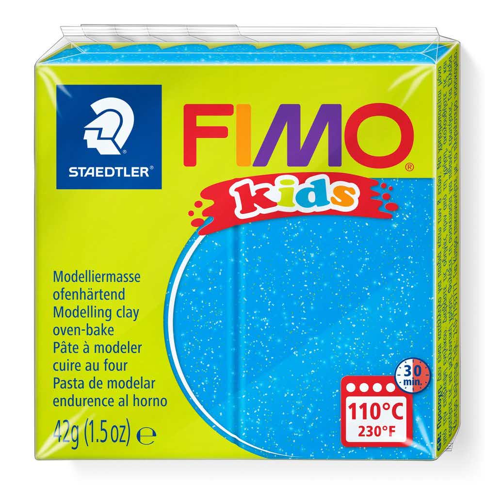 FIMO, Masa plastyczna termoutwardzalna Kids, niebieska brokatowa, 42g, kostka S 8030-312