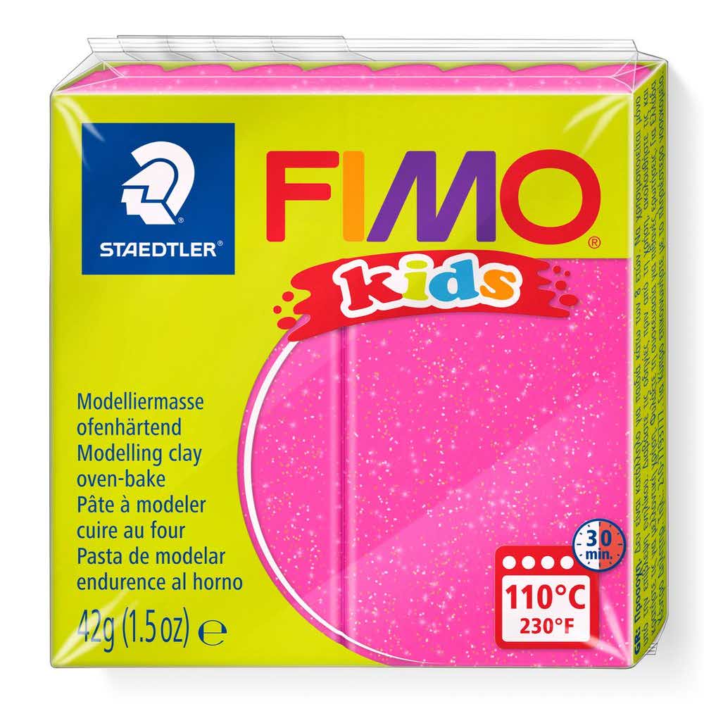 FIMO, Masa plastyczna termoutwardzalna Kids, różowa brokatowa, 42g, kostka S 8030-262