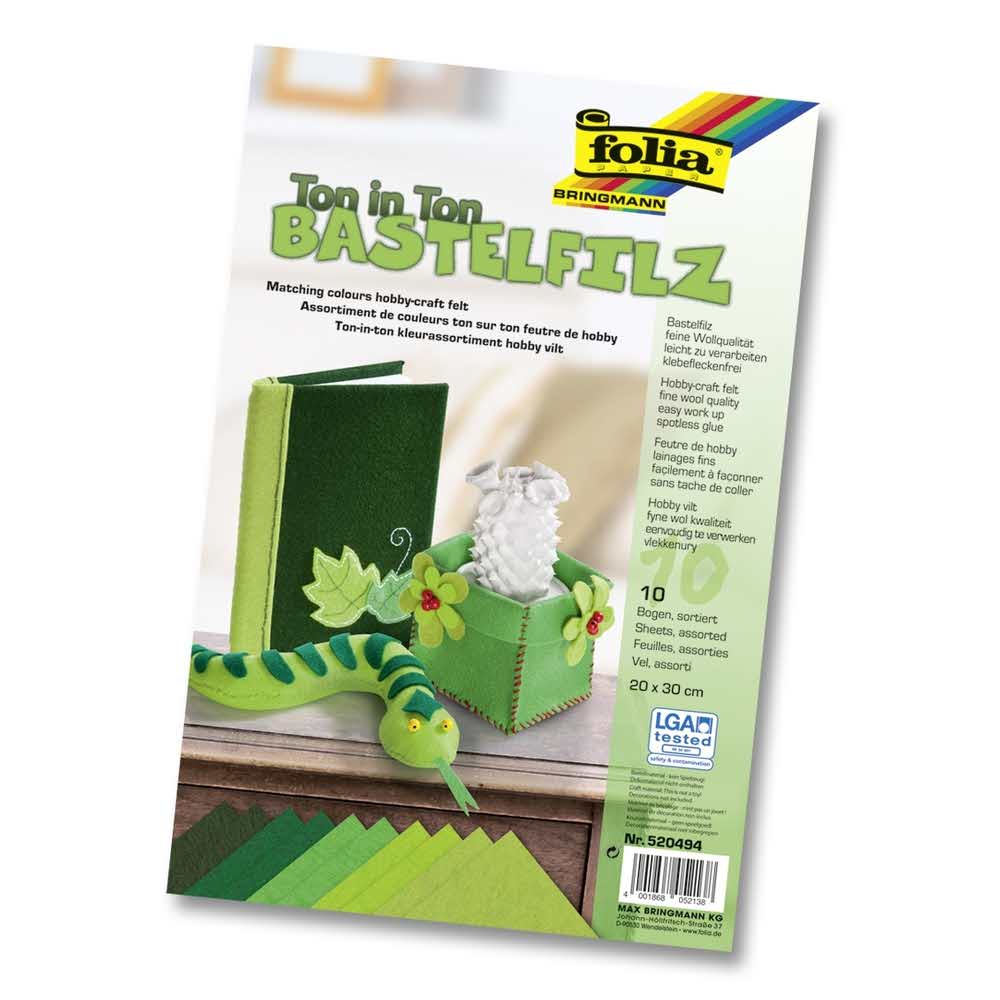 FOLIA, Filc dekoracyjny, mix zielony, 20X30 cm, 1.5 mm, 10 arkuszy FO 5204-94