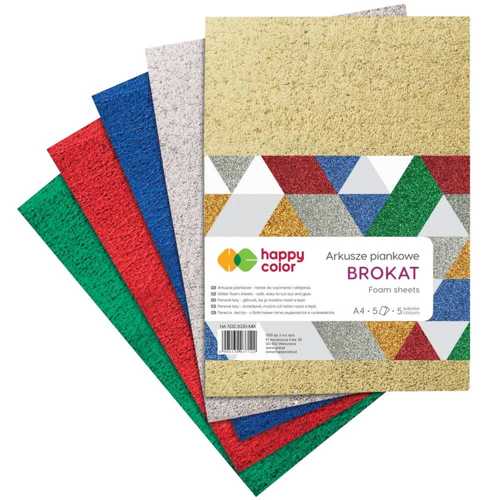 Happy Color, Arkusze piankowe MIX BROKAT, 5 kolorów, A4, 5 arkuszy HA 7132 2030-MIX
