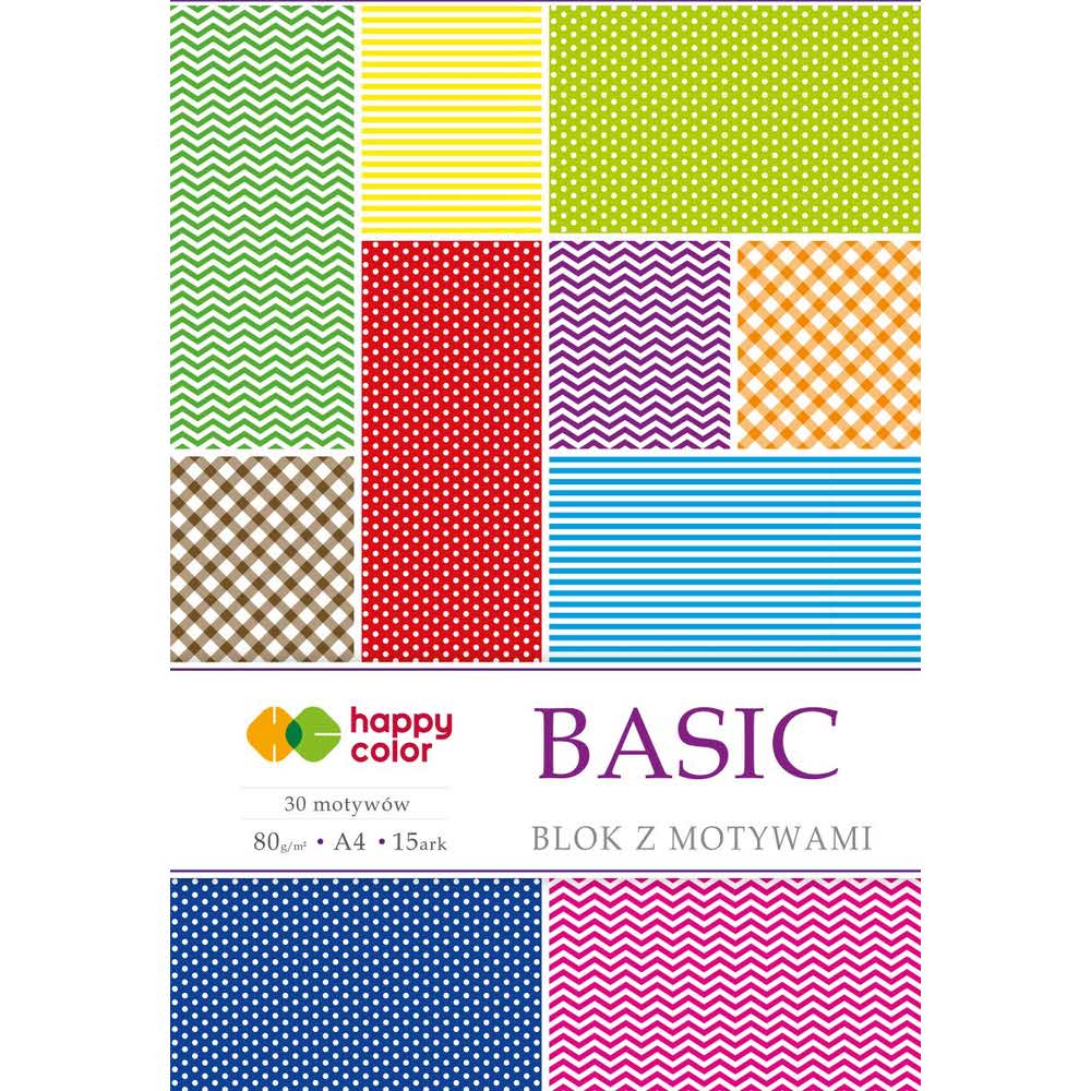 Happy Color, Blok z motywami BASIC, A4, 80g, 15 arkuszy, 30 motywów HA 3808 2030-A