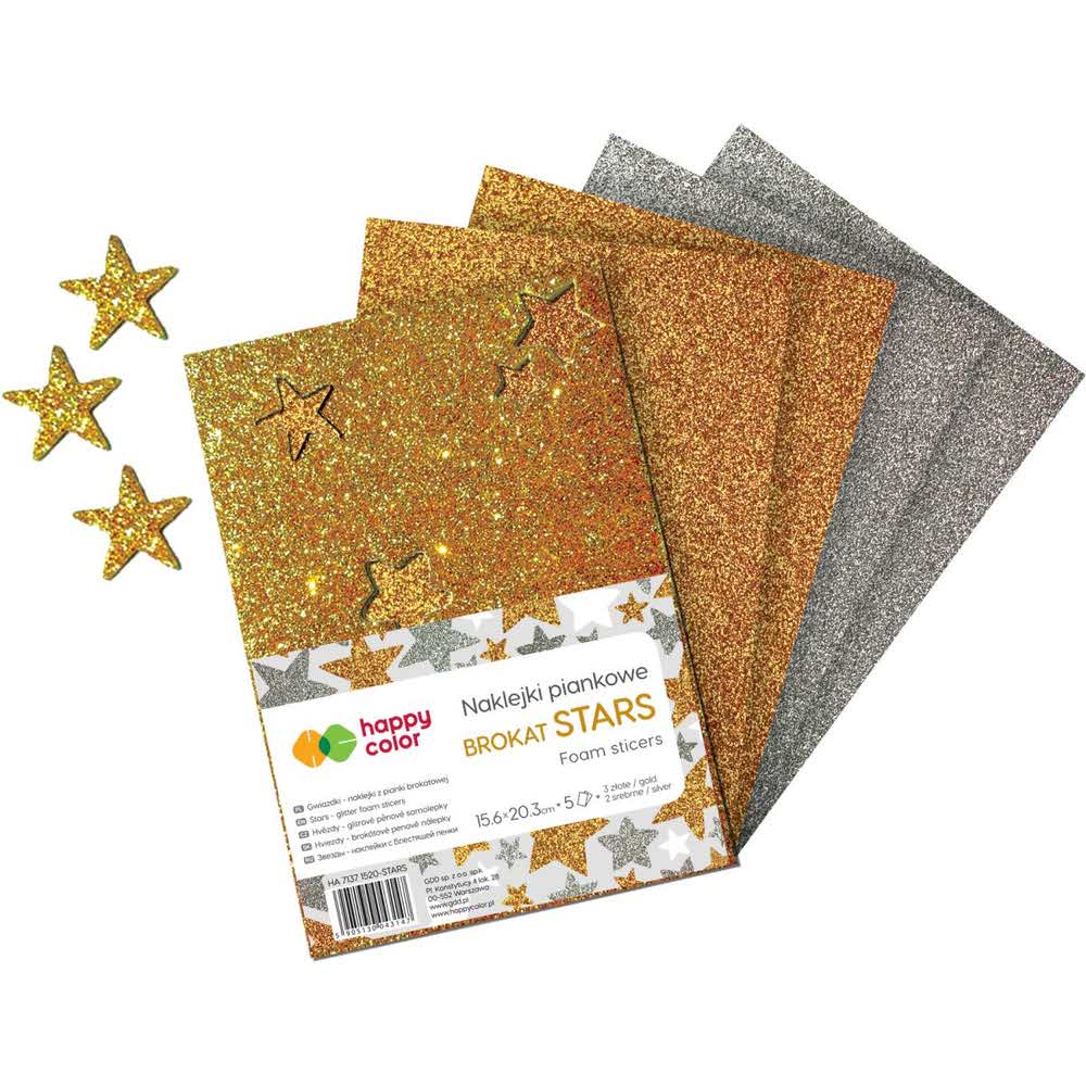Happy Color, Naklejki samoprzylepne Gwiazdki Brokat, srebrne i złote, A5, 2 mm, 5 arkuszy HA 7137 1520-STARS