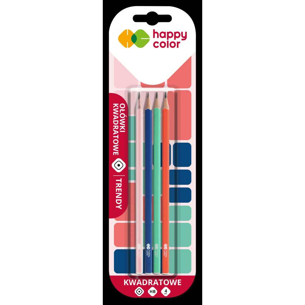 Happy Color, Ołówek kwadratowy TRENDY, drewniany, HB, 4 szt. HA 3140 01TR BK4