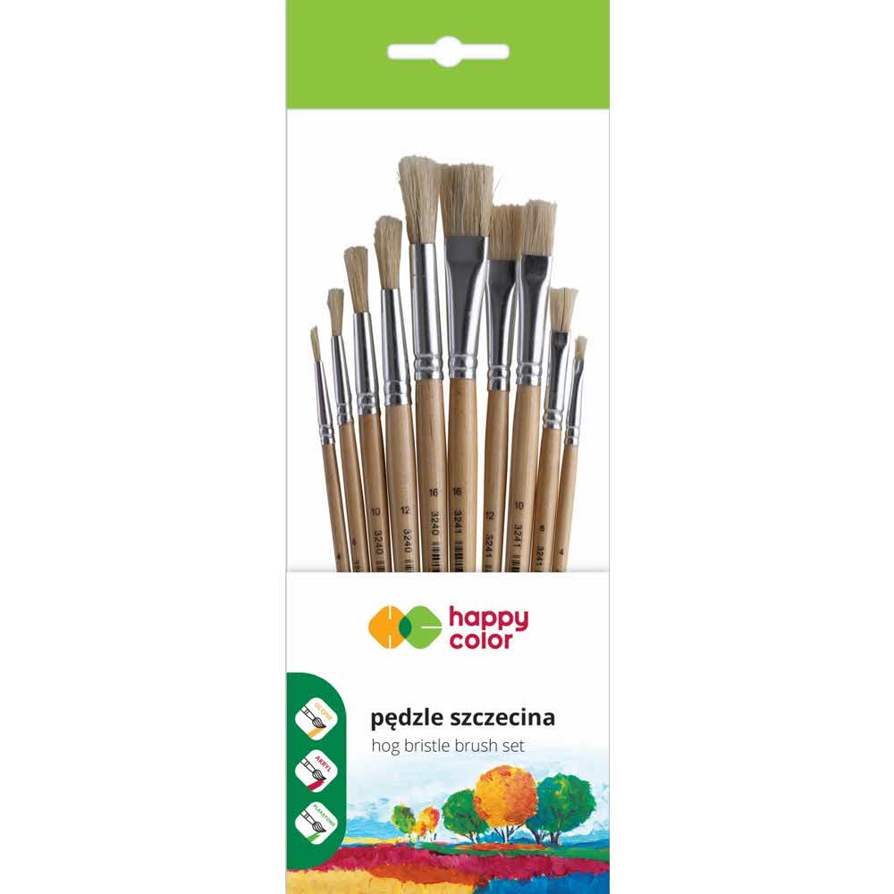 Happy Color, Pędzle szkolne szczecina, mix, 10 szt., zestaw HA 3240 3241-02 PB10