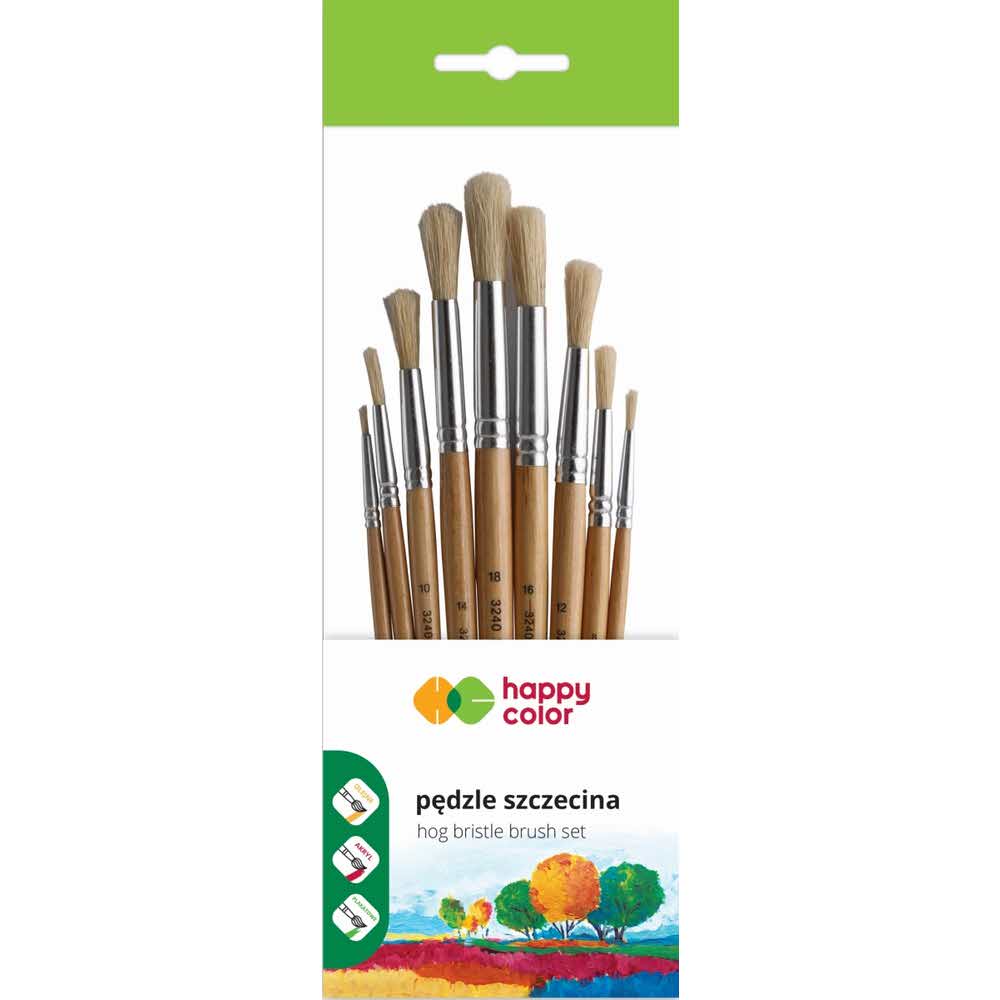 Happy Color, Pędzle szkolne szczecina, okrągłe, 9 szt., zestaw HA 3240 1022-01 PB9