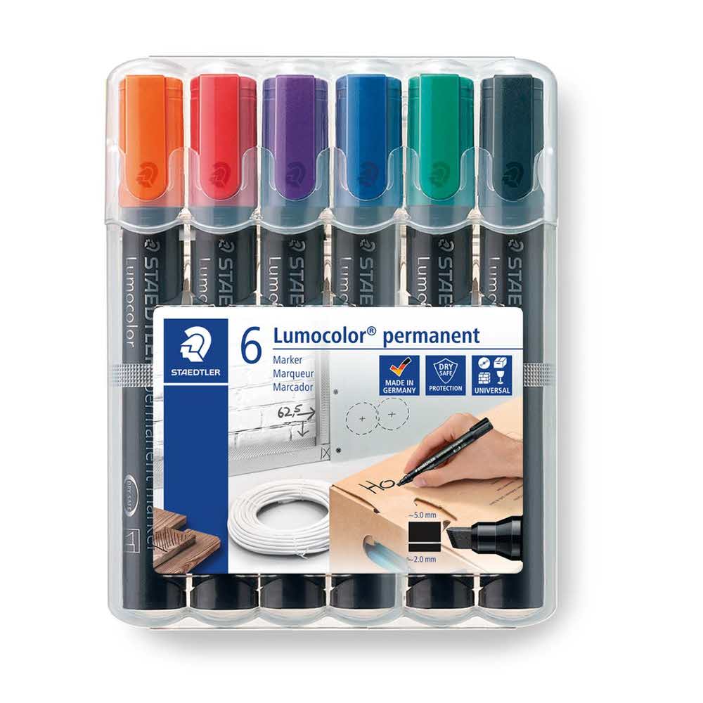 Staedtler, Marker Lumocolor, ścięty, 6 kolorów, w etui S 350 WP6