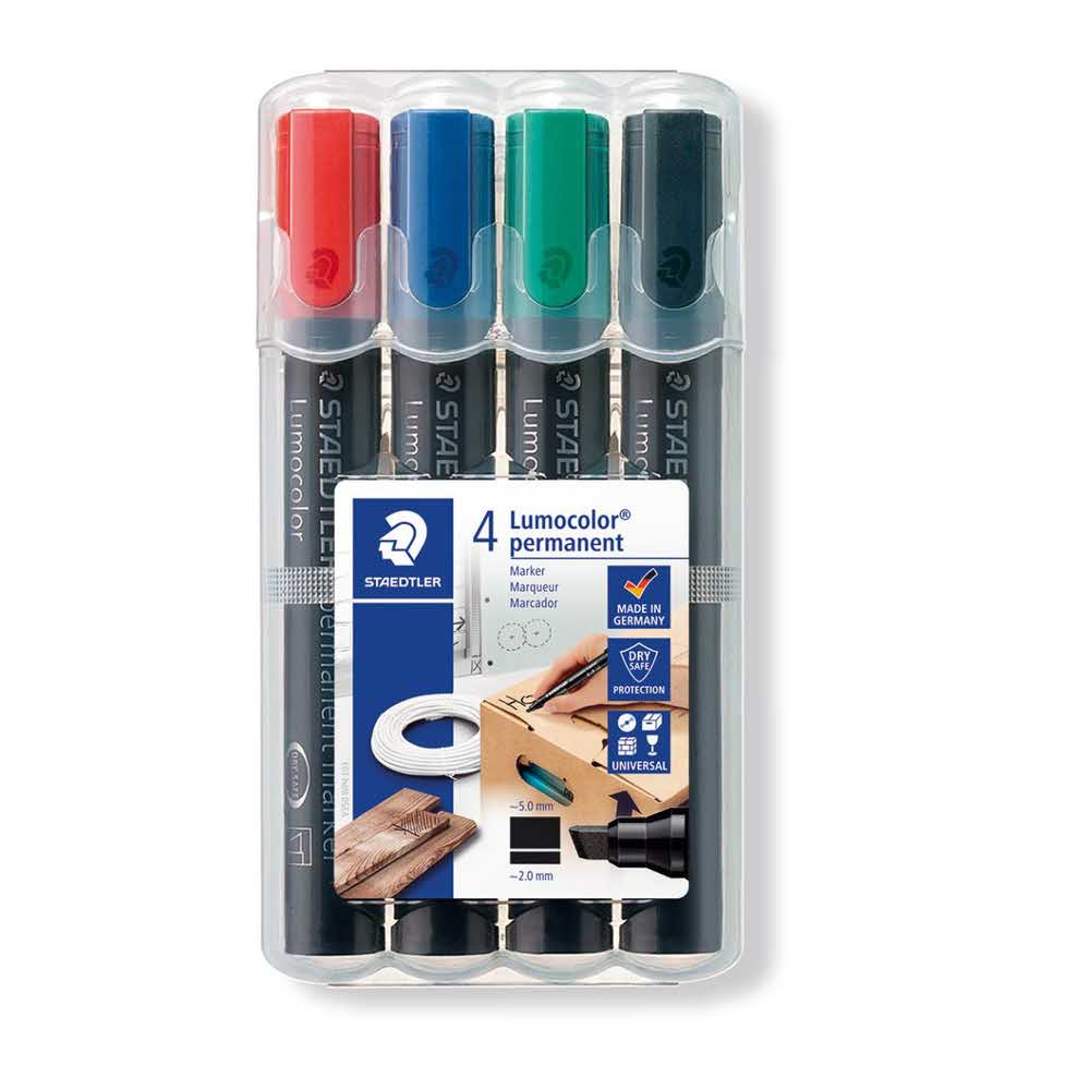 Staedtler, Marker wodoodporny Lumocolor, ścięty, 4 kolory, w etui S 350 WP4