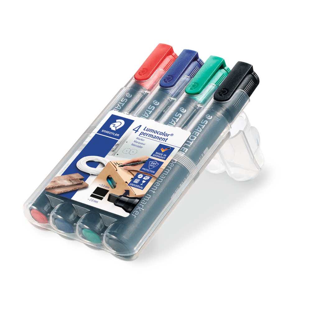 Staedtler, Marker wodoodporny Lumocolor, ścięty, 4 kolory, w etui S 350 WP4 - obrazek 2