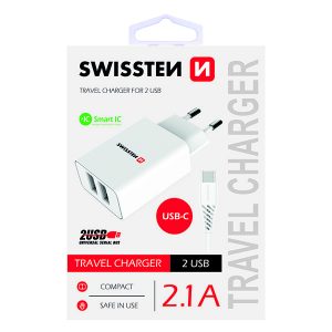 Zasilacz  sieciowy adapter SWISSTEN 10W 2 portowy USB A kabel USB C Smart IC