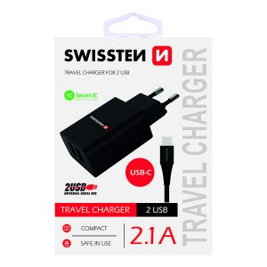 Zasilacz  sieciowy adapter SWISSTEN 10W 2 portowy USB A kabel USB C Smart IC