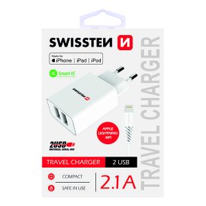 Zasilacz  sieciowy adapter SWISSTEN 10W 2 portowy USB A kabel Lightning Mfi Smart IC