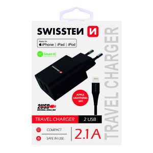 Zasilacz  sieciowy adapter SWISSTEN 10W 2 portowy USB A kabel Lightning Mfi Smart IC