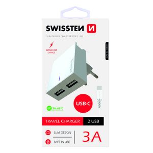 Zasilacz  sieciowy adapter SWISSTEN 15W 2 portowy USB A kabel USB C podstawka  stojak na telefon
