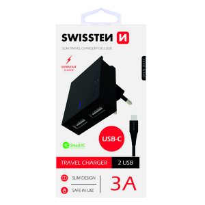 Zasilacz  sieciowy adapter SWISSTEN 15W 2 portowy USB A kabel USB C podstawka  stojak na telefon