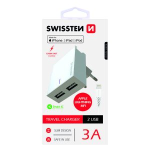 Zasilacz  sieciowy adapter SWISSTEN 15W 2 portowy USB A kabel Lightning Mfi podstawka  stojak na telefon