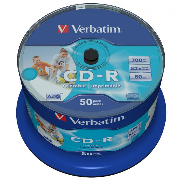 Verbatim CD R 43438 AZO Wide Inkjet Printable No ID Branded 50 pack 700MB 52x 80min. 12cm spindle do archiwizacji danyc