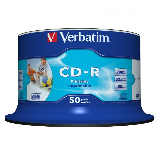 Verbatim CD R 43438 AZO Wide Inkjet Printable No ID Branded 50 pack 700MB 52x 80min. 12cm spindle do archiwizacji danyc - obrazek 2