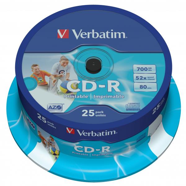 Verbatim CD R 43439 AZO Wide Inkjet Printable 25 pack 700MB 52x 80min. 12cm spindle do archiwizacji danych