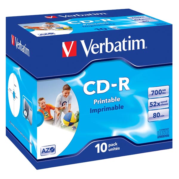 Verbatim CD R 43325 AZO Wide Inkjet Printable 10 pack 700MB 52x 80min. 12cm jewel box do archiwizacji danych