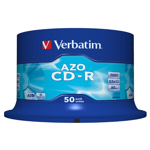 Verbatim CD R 43343 AZO Crystal 50 pack 700MB 52x 80min. 12cm bez możliwości nadruku spindle do archiwizacji danych