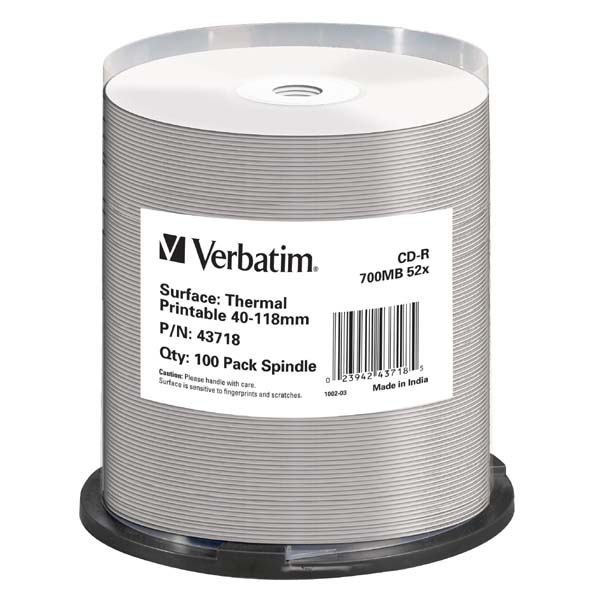 Verbatim CD R 43718 Thermal Printable No ID Brand 100 pack 700MB 52x 80min. 12cm spindle do archiwizacji danych