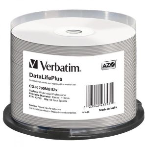 Verbatim CD R 43745 DataLifePlus Wide Inkjet Printable 50 pack 700MB 52X 80min. 12cm spindle do archiwizacji danych