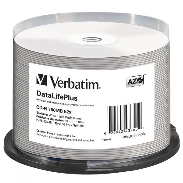 Verbatim CD R 43745 DataLifePlus Wide Inkjet Printable 50 pack 700MB 52X 80min. 12cm spindle do archiwizacji danych