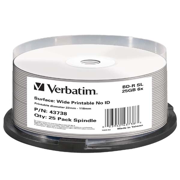 Verbatim BD R Single Layer Wide Printable No ID Surface Hard Coat 25GB cake box 43738 6x 25 pack do archiwizacji danych