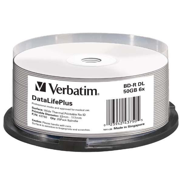Verbatim BD R DL+ Wide Thermal Printable No Id Surface Hard Coat 50GB spindle 43750 6x 25 pack do archiwizacji danych