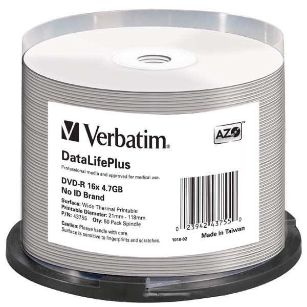 Verbatim DVD R DataLifePlus Wide Thermal Printable No ID Brand 43755 4.7GB 16x spindle 50 pack 12cm do archiwizacji dany