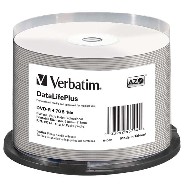 Verbatim DVD R DataLifePlus Wide Inkjetr Printable 43744 4.7GB 16X cake box 50 pack 12cm do archiwizacji danych