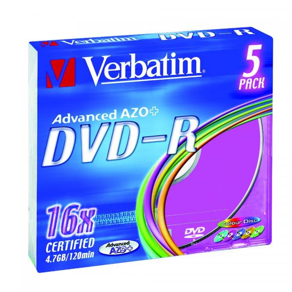 Verbatim DVD R Colour 43557 4.7GB 16x slim box 5 pack bez możliwości nadruku 12cm do archiwizacji danych