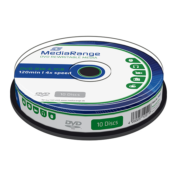 Mediarange DVD RW MR450 4.7GB 4x cake box 10 pack bez możliwości nadruku 12cm do archiwizacji danych