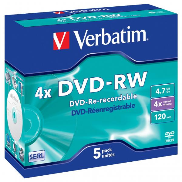 Verbatim DVD RW Matt Silver 43285 4.7GB 4x jewel box 5 pack bez możliwości nadruku 12cm do archiwizacji danych
