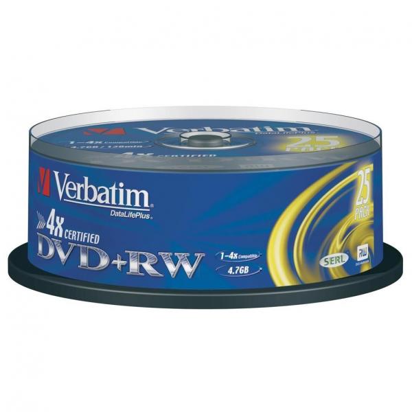 Verbatim DVD+RW Matt Silver 43489 4.7GB 4x spindle 25 pack bez możliwości nadruku 12cm do archiwizacji danych